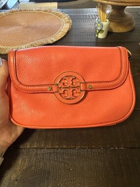 Tory Burch Coral Orange Pebbled Leather Crossbody
